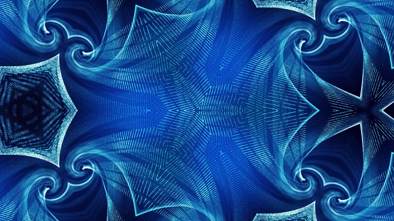 el fondo azul abstracto de 4k de partículas de brillo forma líneas curvas, superficies estructuras simétricas como en el holograma caleidoscópico. tema abstracto de ciencia ficción con ondas de partículas.
