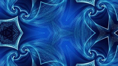 el fondo azul abstracto de 4k de partículas de brillo forma líneas curvas, superficies estructuras simétricas como en el holograma caleidoscópico. tema abstracto de ciencia ficción con ondas de partículas.