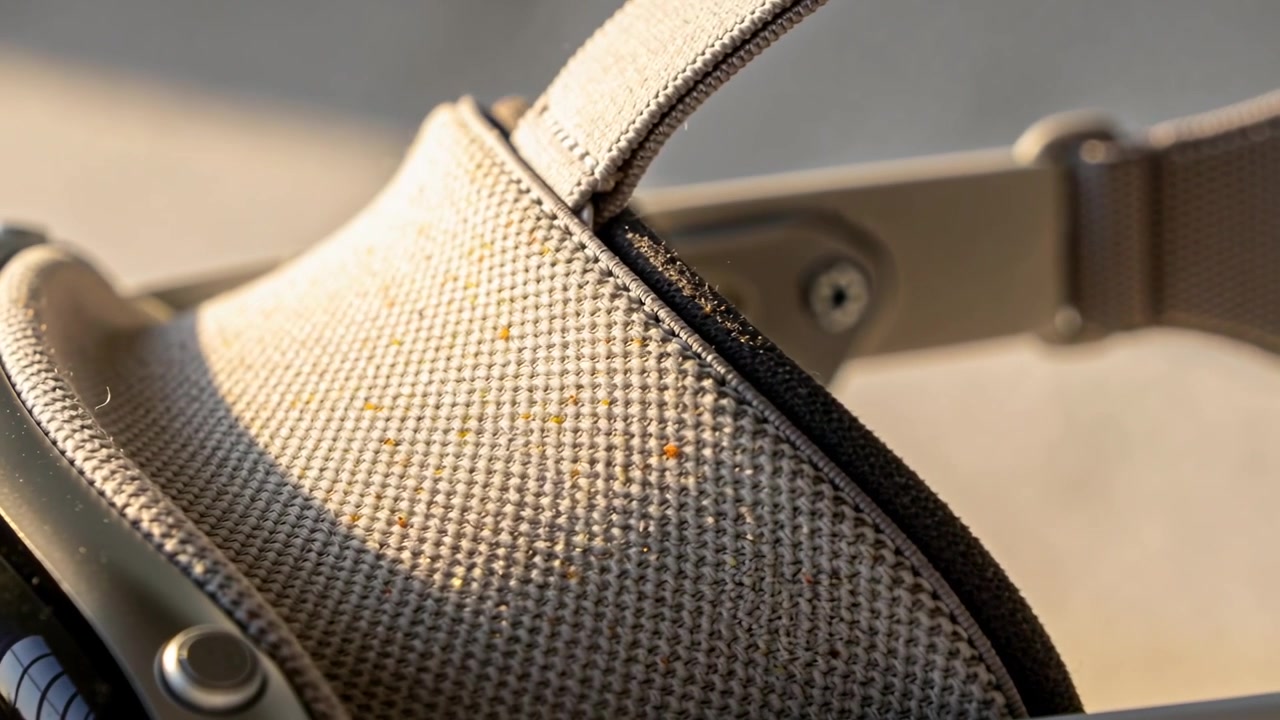 Panoramica della telecamera che rivela il cuscinetto facciale e il cinturino di una cuffia su un tavolo per mostrare i dettagli hardware laterali.