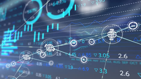 animation of connections over financial data and graphs on navy background