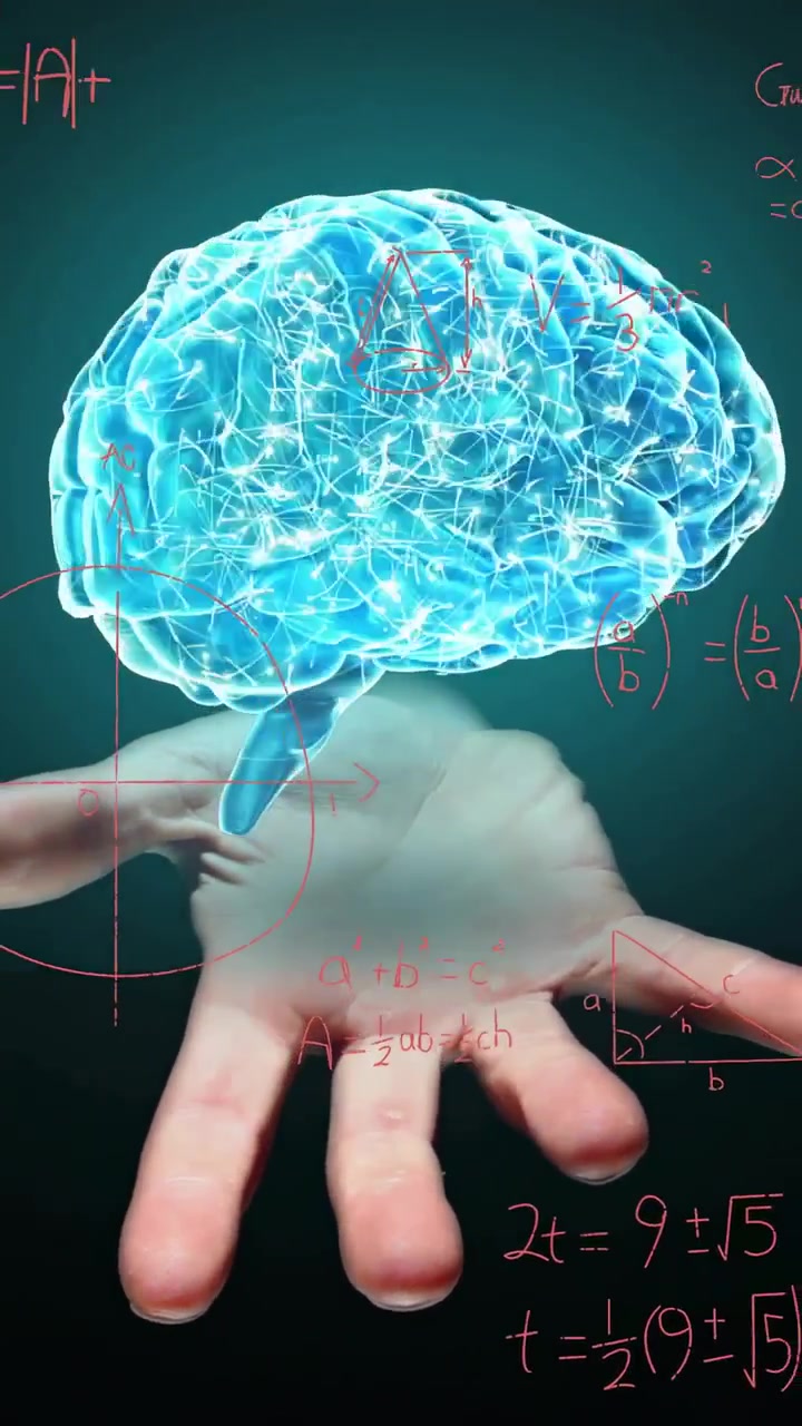 Vertical video: Pink stroke sparking palm holo brain hovering forming math growing showing learning