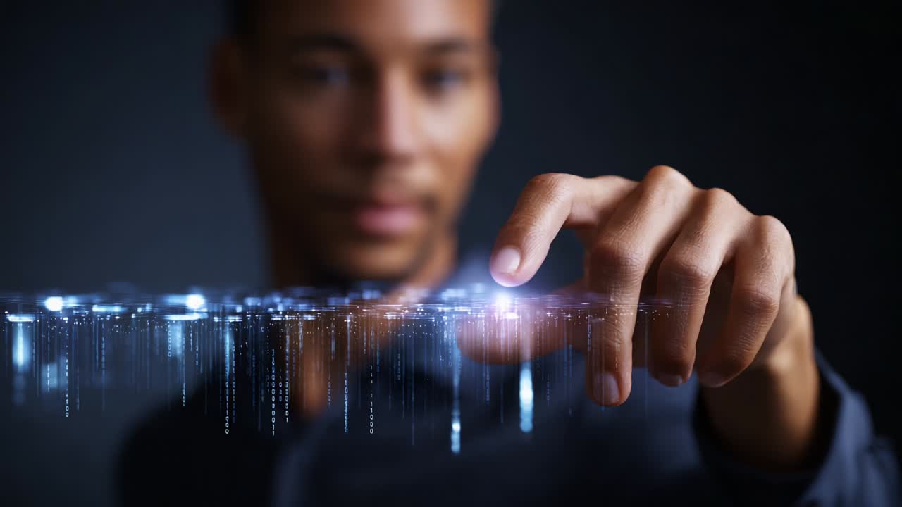 A person interacts with a digital interface, manipulating glowing lines and data streams, conveying a sense of innovation and technology in a futuristic environment filled with vibrant lights and abstract patterns