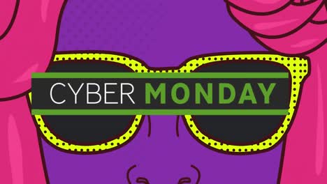 Digitale-Animation-Des-Cyber-Monday-Textbanners-Gegen-Das-Symbol-Einer-Frau-Mit-Sonnenbrille
