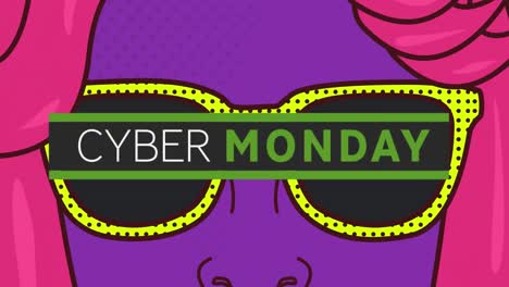 Animación-Digital-Del-Banner-De-Texto-Del-Cyber-Monday-Contra-El-Icono-De-Mujer-Con-Gafas-De-Sol