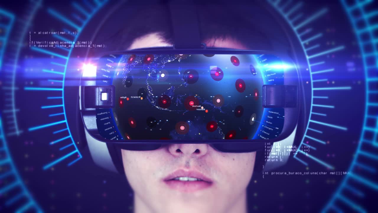 giovane uomo che indossa le cuffie vr e sperimenta la realtà virtuale 3d.