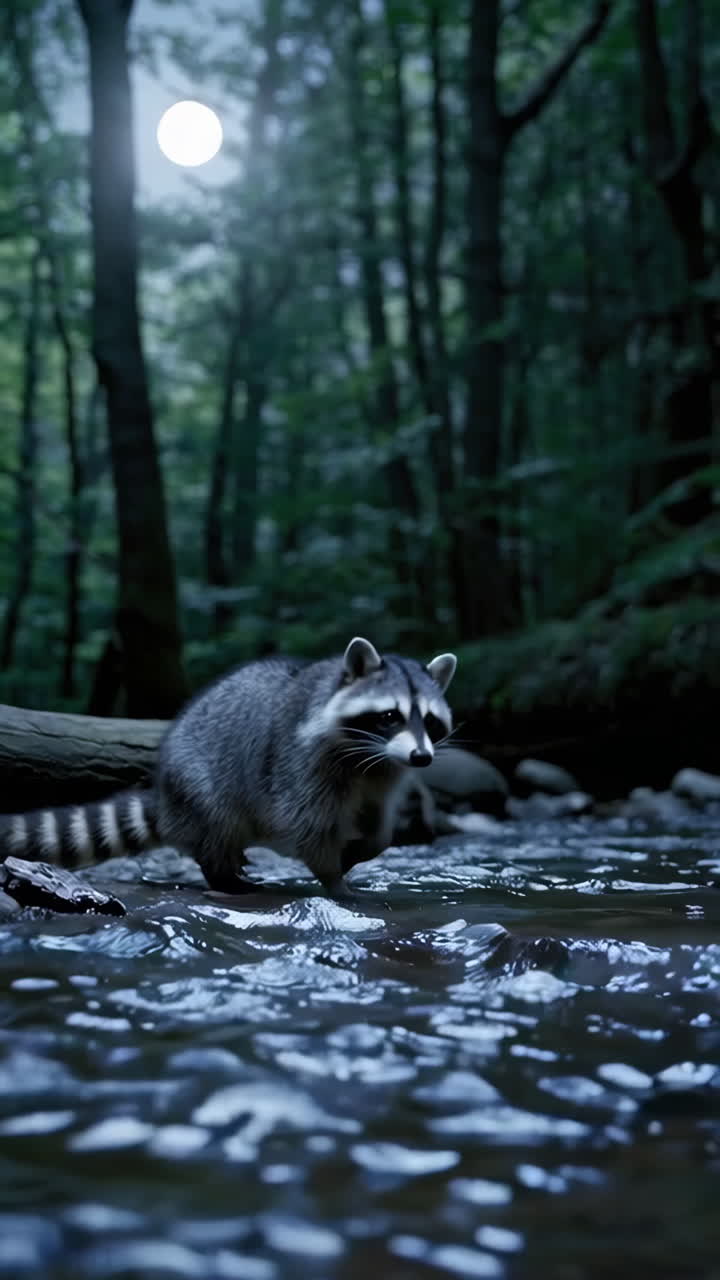Raccoon by a Stream in the Woods