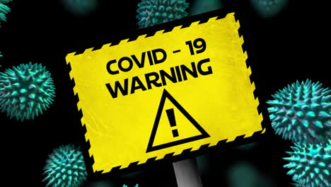 animation of the words covid-19 warning written on yellow sign over coronavirus cells spreading.