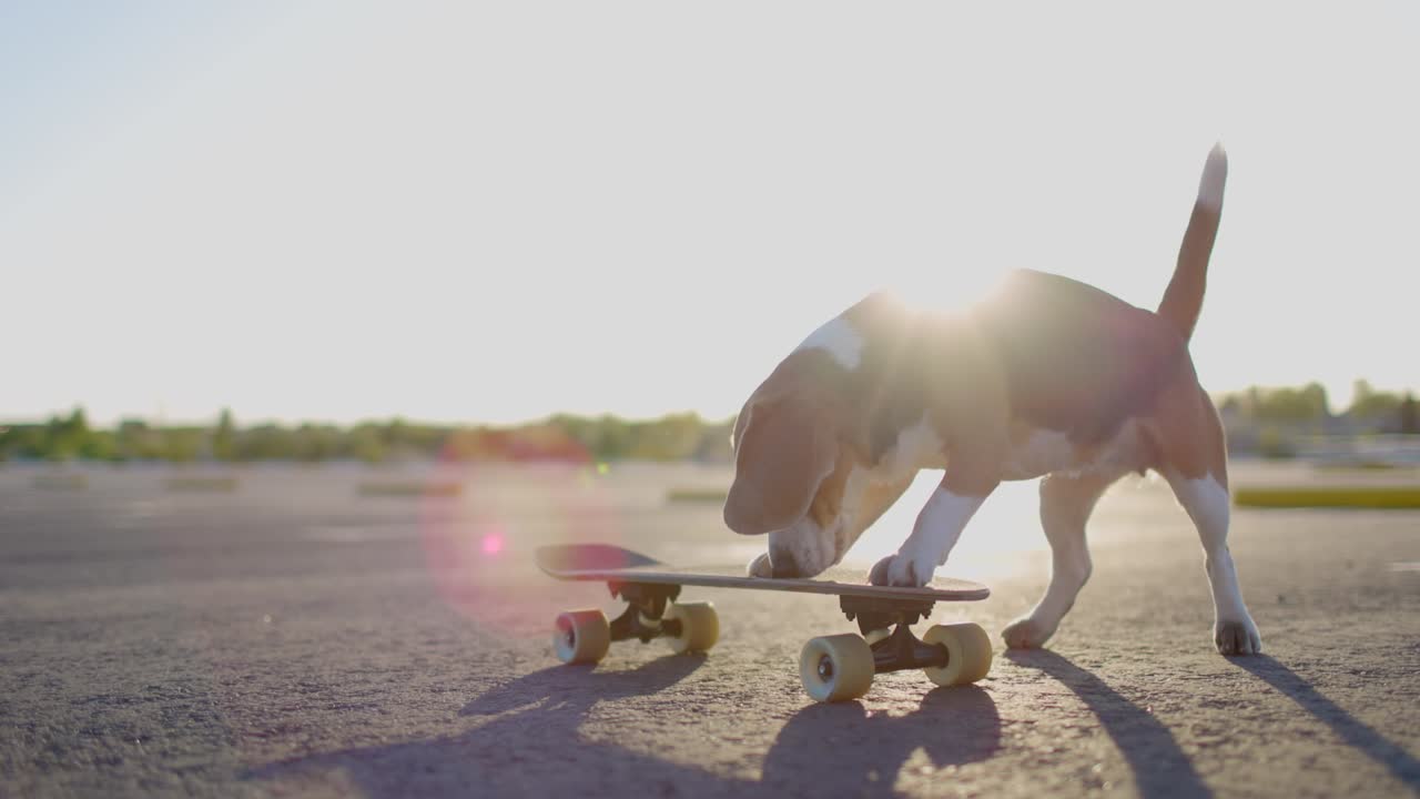 Cane beagle impara a fare skateboard per strada. Rallentatore.