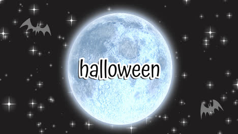 animation of halloween text over moon and night sky