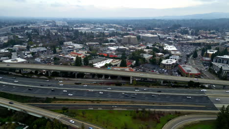 Aerial-view-of-traffic-on-the-interstate-680,-in-cloudy-Walnut-Creek,-CA,-USA