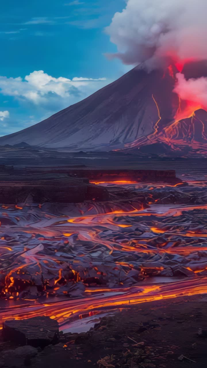 Video verticale: vulcano in eruzione che emette una nube di cenere mentre la lava incandescente scorre attraverso il campo lavico