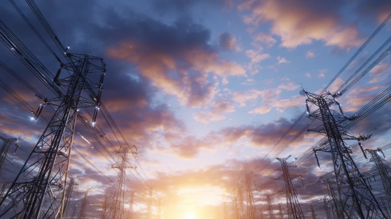 Sunset Over Electric Power Lines: A Beautiful Evening Sky Illuminated by Vibrant Colors, Showcasing Towering Structures and the Harmony Between Nature and Technology