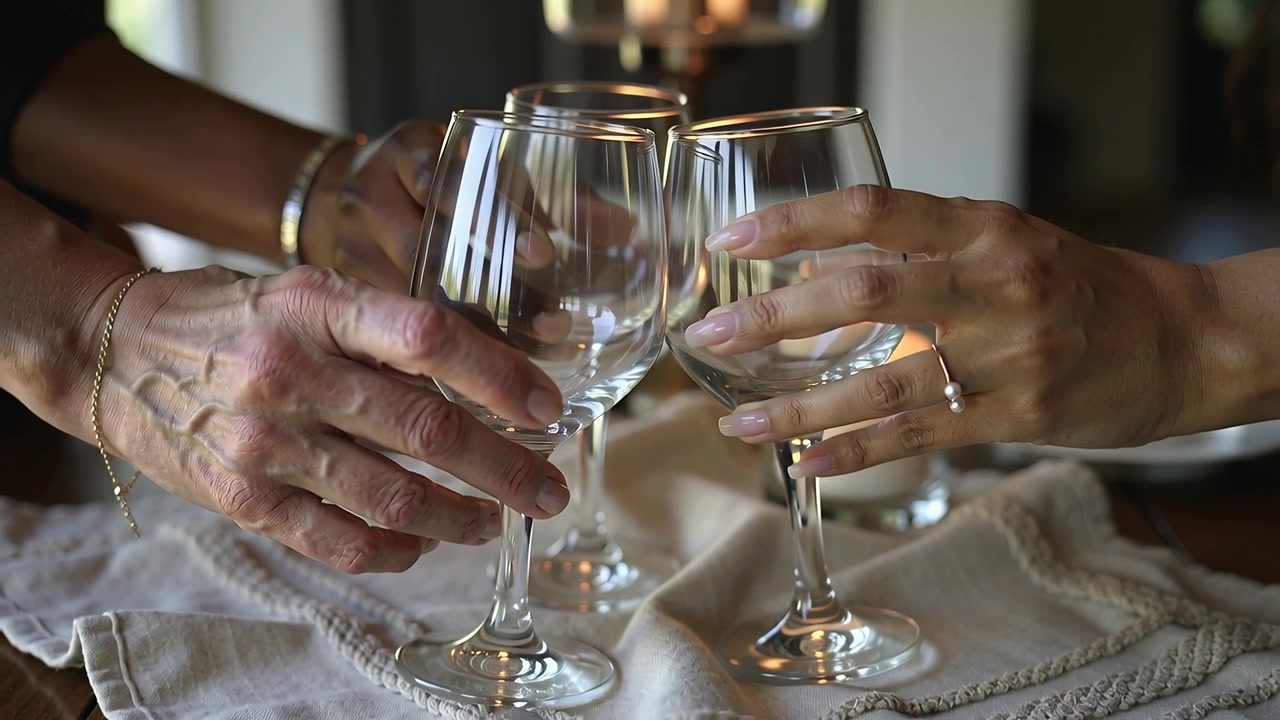 Reaching senior and adult hands aligning wine glasses on wooden table with cloth runner, preparing