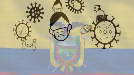 animación de células del virus covid 19 e iconos digitales sobre la bandera de ecuador