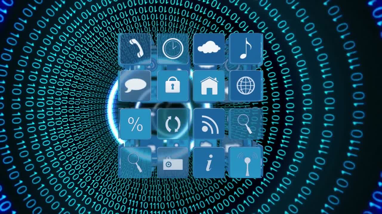 y iconos de aplicaciones en línea con códigos binarios