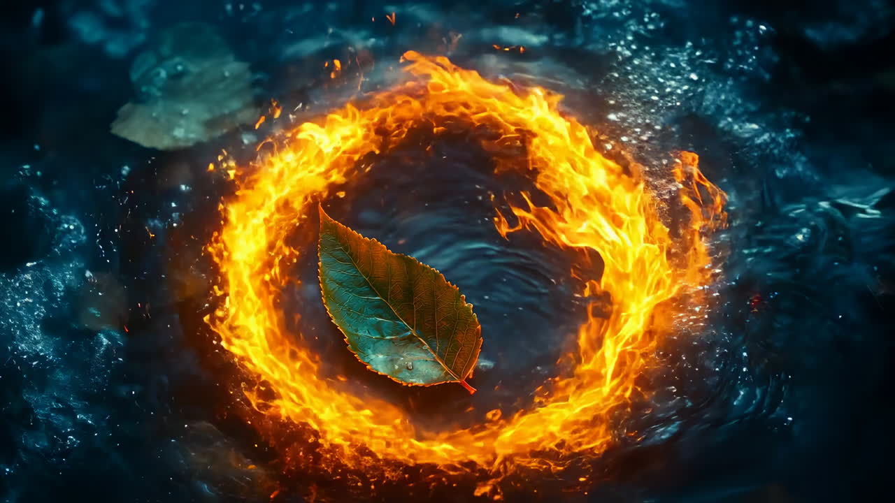 Floating leaf encircled by fire in water. A green leaf drifts on water, surrounded by a bright ring of flame, creating an intriguing contrast of elements