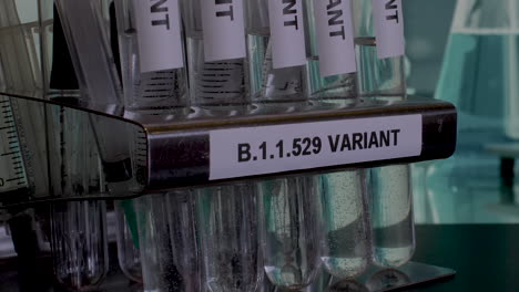 close up tilt pan of several glass test tubes containing samples of the new variant of covid 19, omicron b.1.1.529 identified in southern africa raising healthcare concerns globally