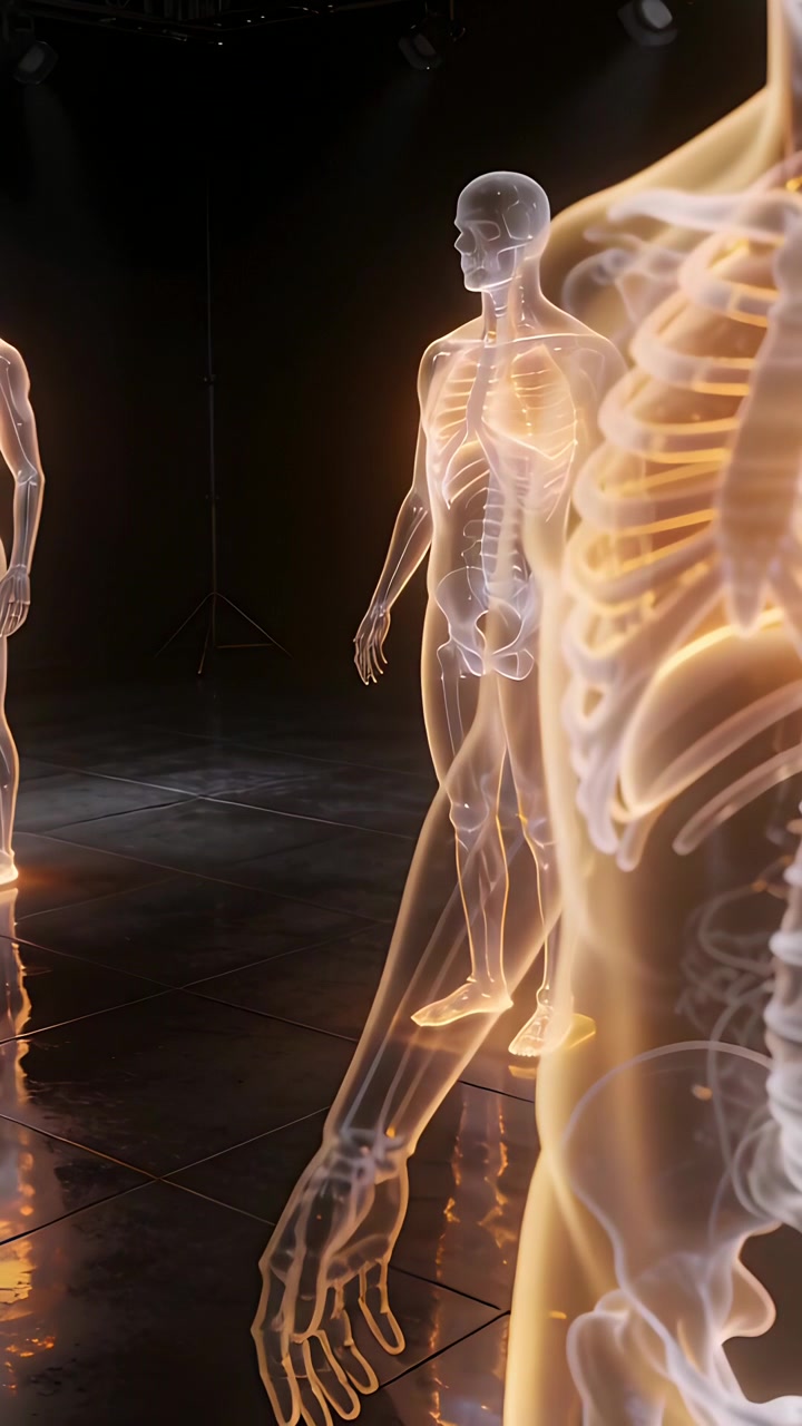 Video verticale: La telecamera si allontana rivelando il busto destro e un modello sinistro luminoso su un palco da studio.