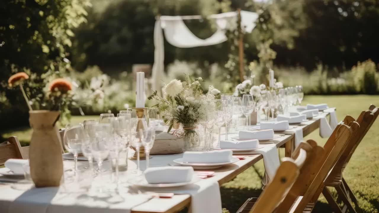 Un tavolo allestito splendidamente all'aperto per una festa in giardino, ripreso con un'inquadratura dal basso.
