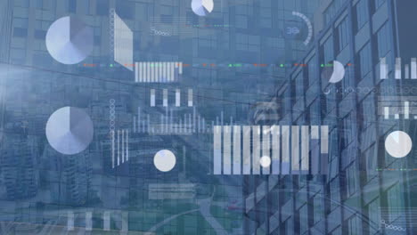 Animation of screens with statistical data processing against aerial view of cityscape