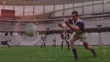 animation of data processing and rugby players over sports stadium