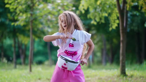 slow motion of a girl with long hair dancing outdoors. beautiful little girl in t-shirt and shorts posing to camera on the natural background in summer.
