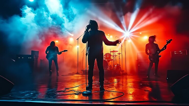 Esibizione dal vivo di una rock band a uno spettacolo notturno. Una rock band suona sul palco con luci intense e fumo durante una performance serale. I fan si godono la musica e l'atmosfera.