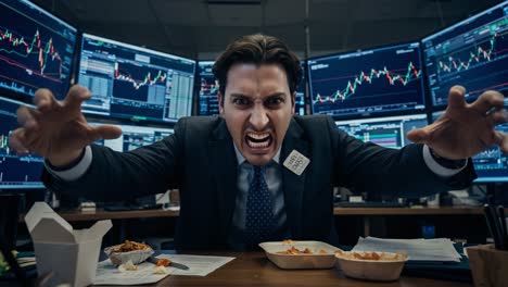 intense trader in a pressure-filled environment: frustration and stress amidst market analysis and success metrics - the duality of stock market trading