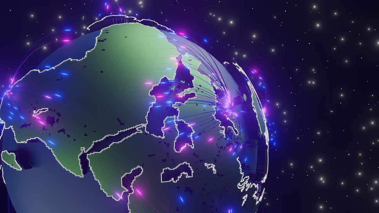 3D globe with glowing digital data points and network lines in space, focusing on Europe, Asia, and Africa. Global communication and technology concept for design and vertical