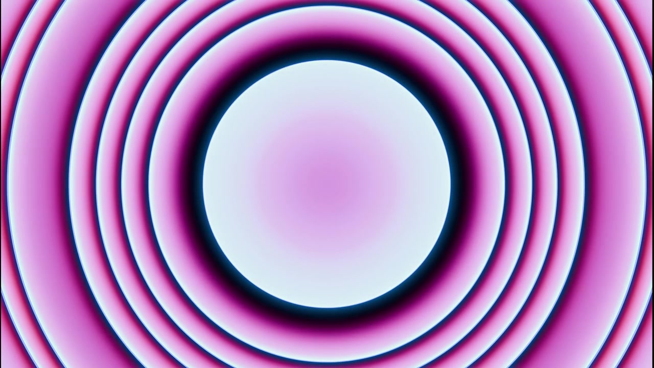 Anelli concentrici si stringono attorno a un nucleo circolare luminoso, rivelando gradienti radiali magenta e ciano, scanalature a gradini, punti luce morbidi, ombre profonde e un'audace simmetria astratta su sfondo scuro.