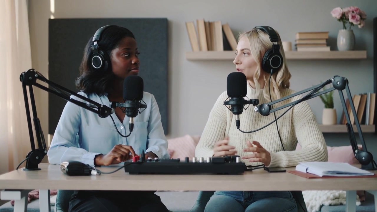Programleder i blå skjorte strekker seg etter mikseren og justerer lyden for opptak i studio, mens medprogramlederen leser notater.