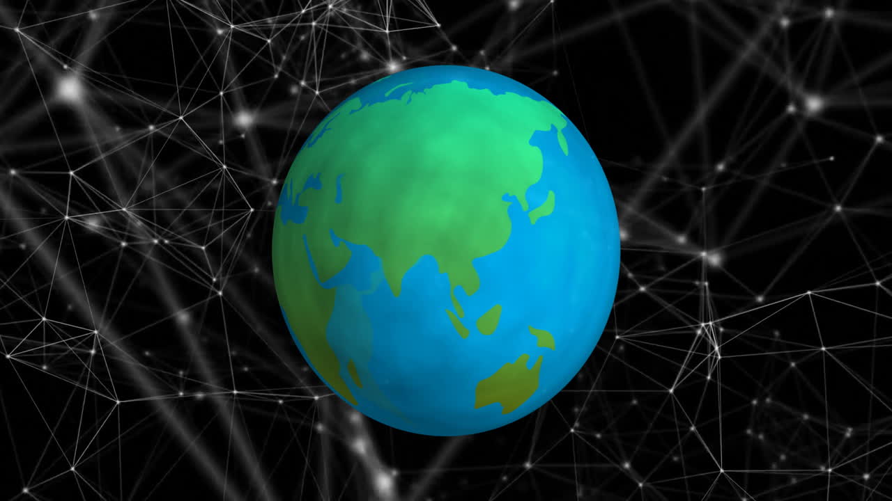 Animating Earth with network connections on dark background, digital communication concept
