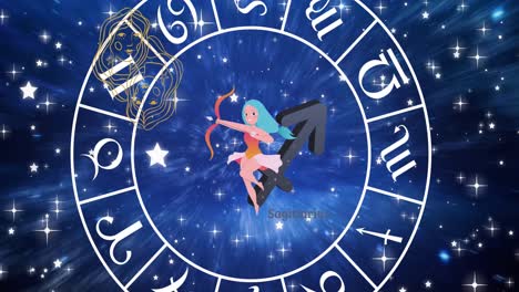 animation of horoscope symbols over stars on blue background