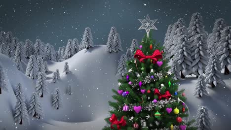 Snow-falling-over-christmas-tree-on-winter-landscape-against-grey-background