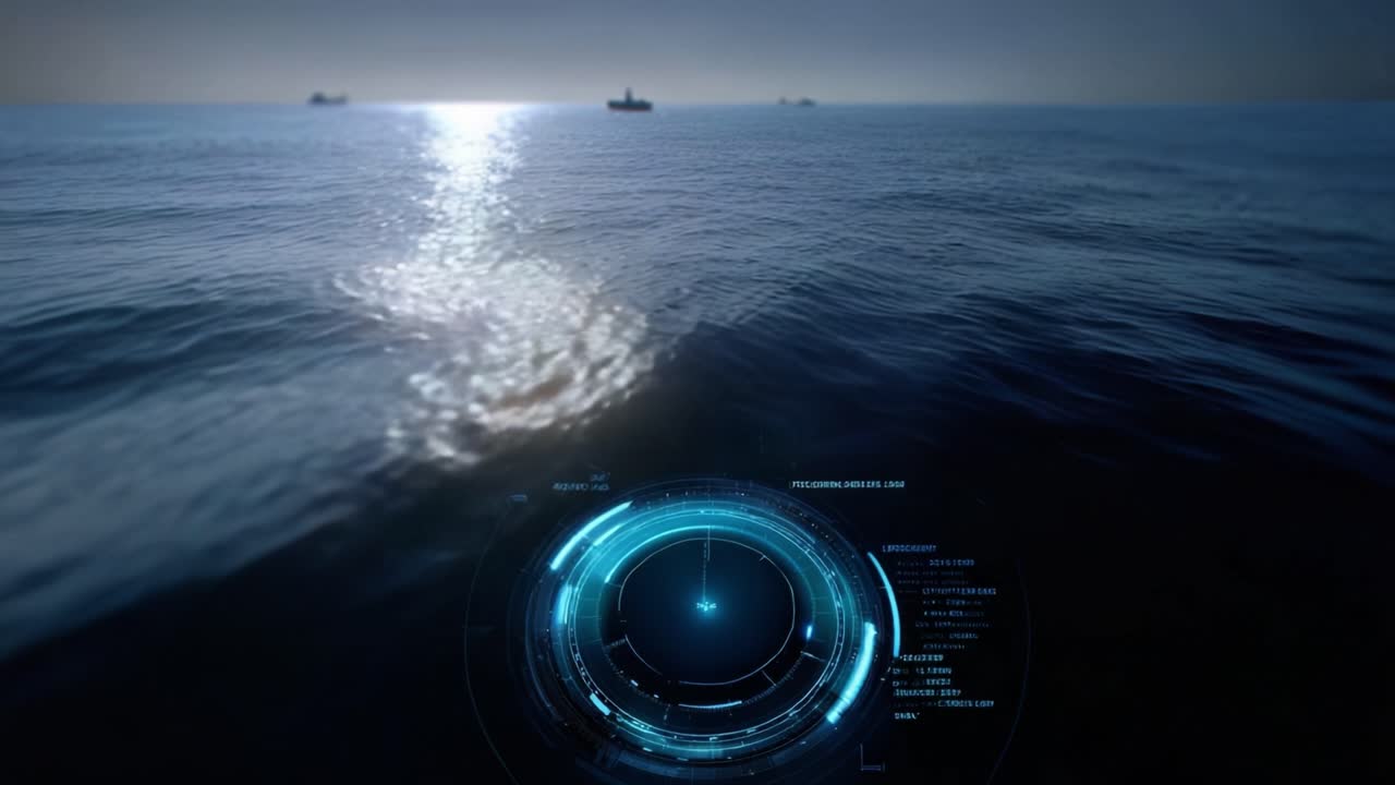 Un vasto oceano si estende sotto il riflesso luminoso del sole. Un HUD futuristico sovrappone un'interfaccia di puntamento digitale. Navi sono visibili in lontananza all'orizzonte. L'interfaccia tecnologica suggerisce sorveglianza o navigazione.