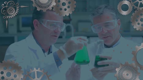 Animation-of-cogs-are-spinning-over-caucasian-male-scientists-with-beakers