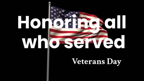 animation of honoring all who served veterans day text over flag of usa