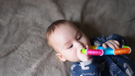 lovely baby boy with bright toy in his hands. cute little child looking at toy carefully. close up. grey backdrop.