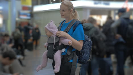 cute baby in a baby carrier at airport