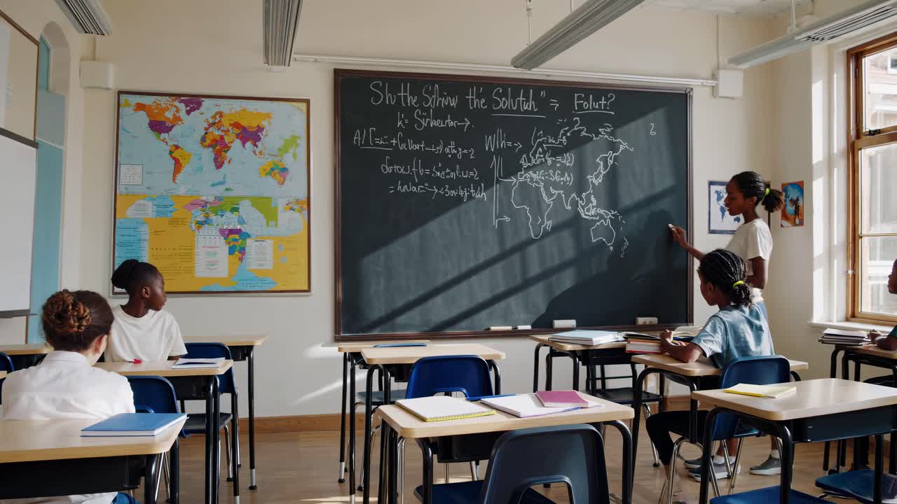 Wide-angle classroom video shot with students learning geography