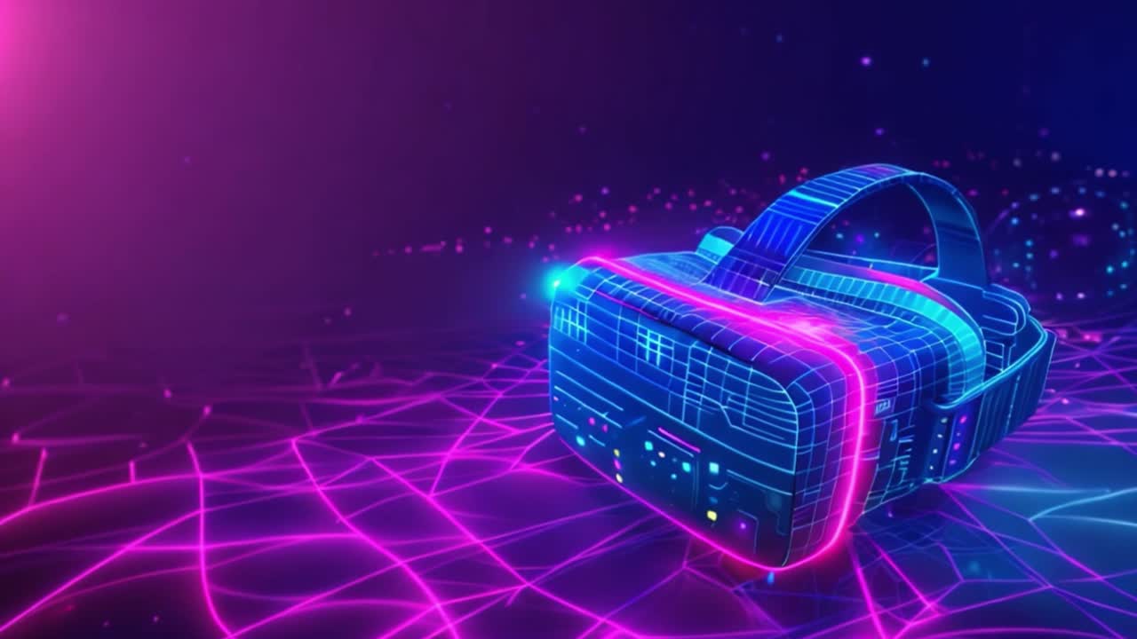 Visore VR futuristico in un ambiente a griglia digitale al neon