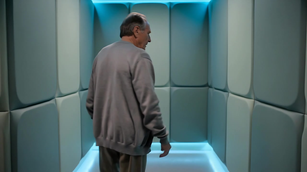 Entrando da sinistra, un uomo anziano con maglione grigio e pantaloni color cachi che ispeziona una camera imbottita con strisce LED blu.