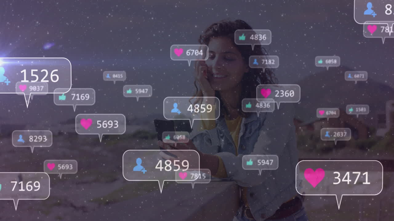 Using smartphone, woman surrounded by floating social media notifications animation
