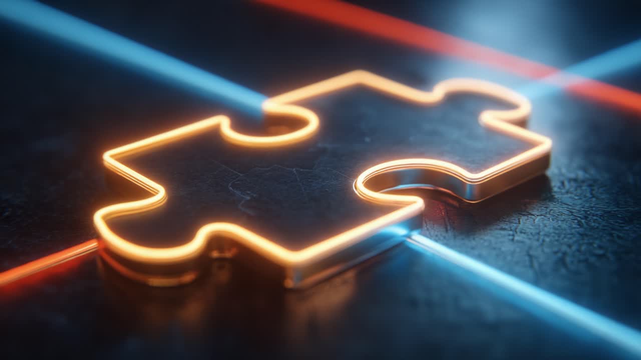 Illuminated Puzzle Piece on a Dark Surface with Neon Lines Creating a Striking Visual Contrast and Depth in an Abstract Representation of Problem Solving