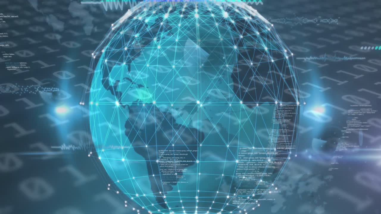 흑색 배경에 연결의 세계와 데이터 처리의 애니메이션