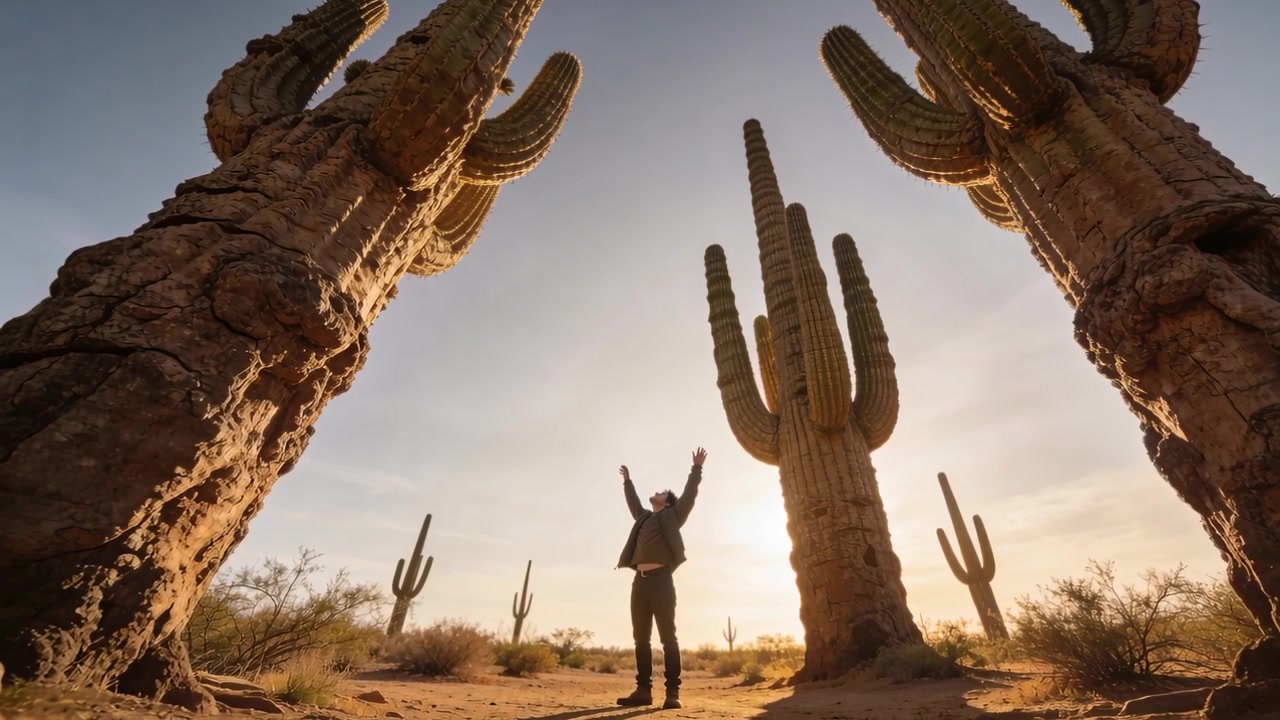 Uomo con giacca e cappello, di fronte al sole basso, alza le braccia in una radura nel deserto con cactus saguaro.