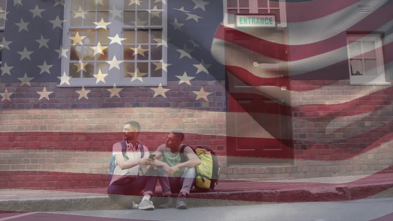 Two students curb, one turning phone and sharing notes for education, transparent US flag over pair
