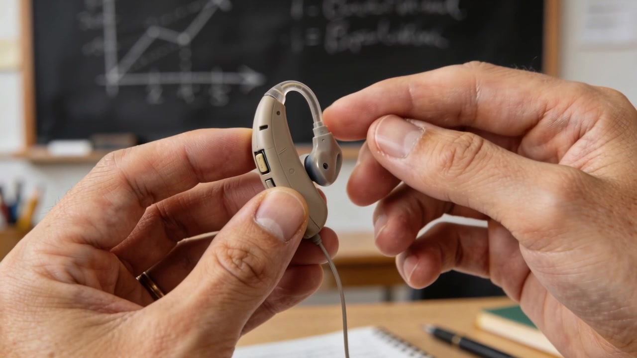 Noticing loose dome, user's hands reconnecting it to clear tubing on BTE hearing aid in classroom