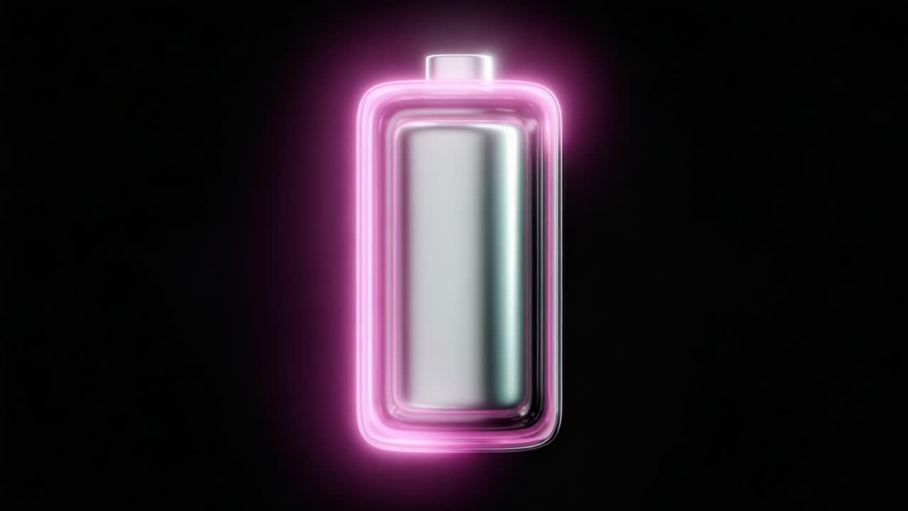 A Brightly Glowing Battery Icon Illuminated with Vibrant Neon Pink Light Set Against a Dark Background Representing Power and Energy Storage