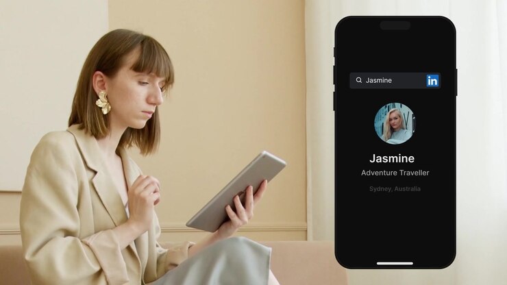 Giovane donna che usa un tablet per cercare un profilo LinkedIn